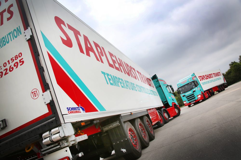 NEW SCHMITZ CARGOBULL TRAILERS BEAR FRUIT FOR STAPLEHURST TRANSITS