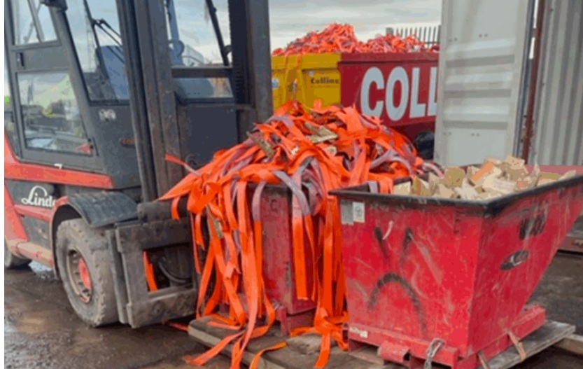 The forklift truck involved in the incident with two bins on a pallet