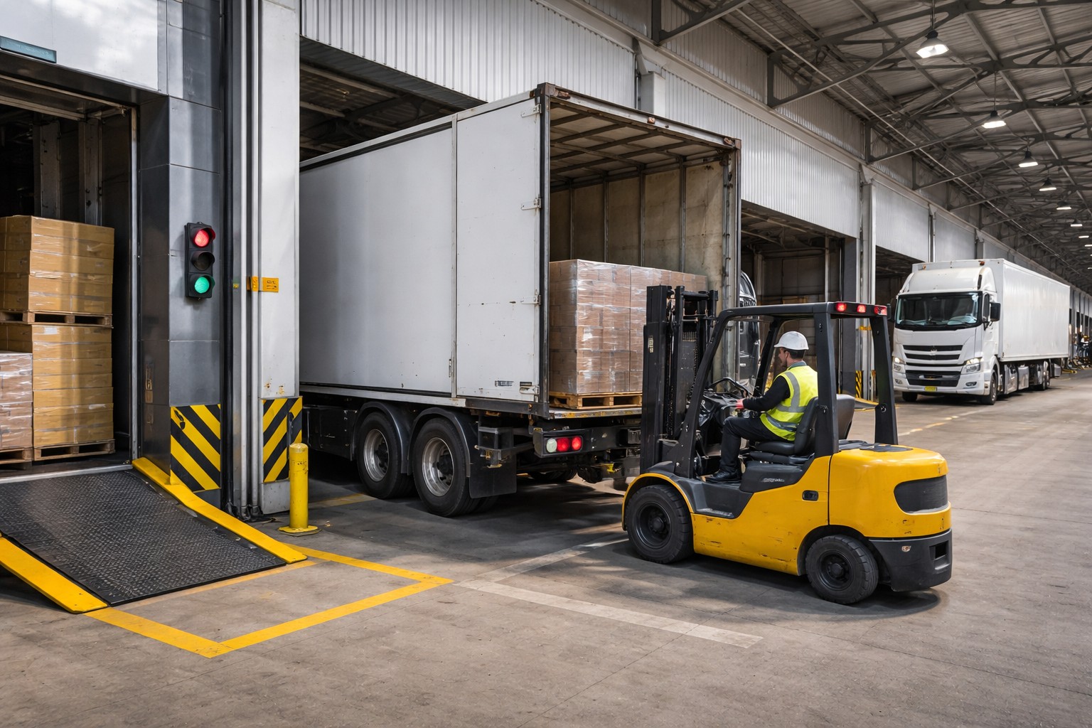 Forklift operators working at a warehouse loading bay as an HGV is unloaded, highlighting the importance of safe vehicle and pedestrian management in busy dock areas.