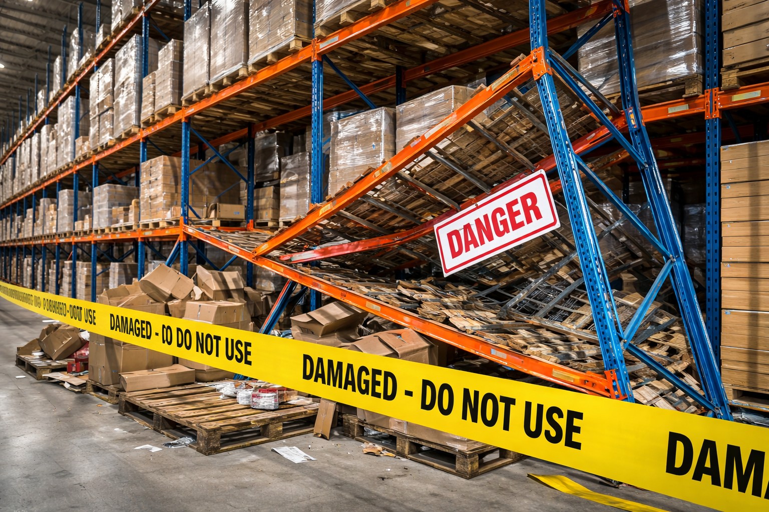 Library picture: Damaged warehouse pallet racking following a structural collapse, highlighting the importance of regular inspections and safe loading practices in busy distribution centres.